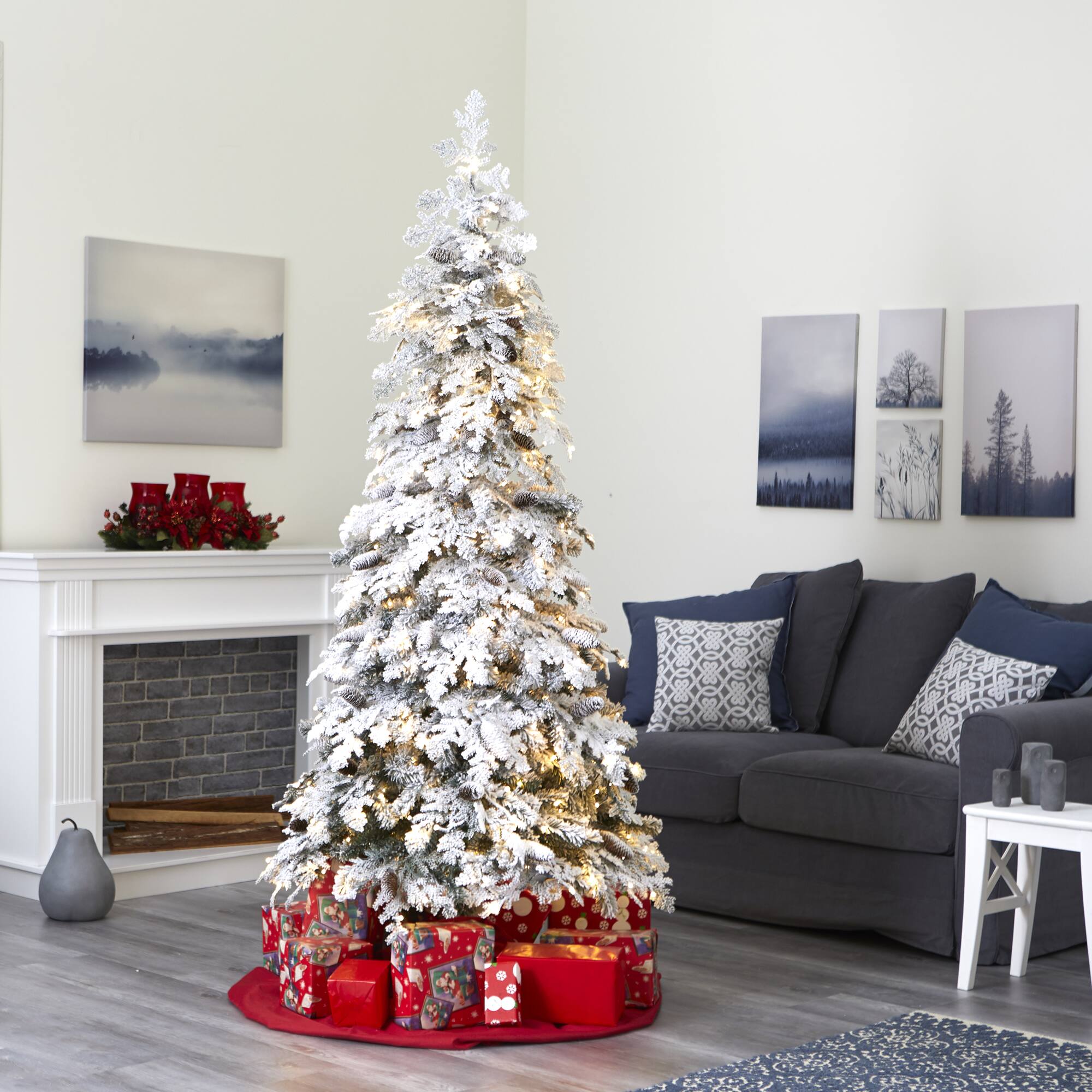 7ft. Pre-Lit Flocked Montana Down Swept Spruce & Pinecones Artificial Christmas Tree with Clear LED Lights